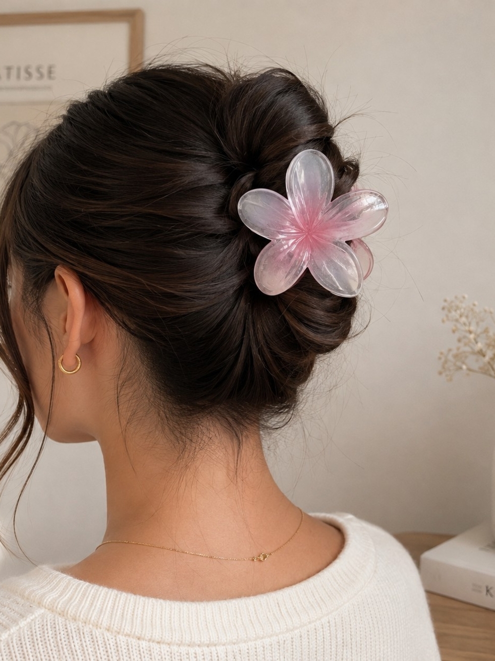 Pink Frosted Transparent Flower Hair Claw Clip New